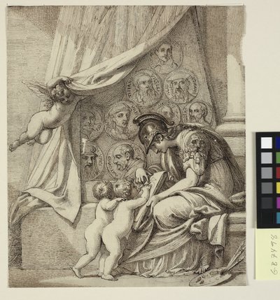 Der Genius der Malerei. Minerva unterrichtet Putti in der Kunst der Malerei. Entwurf für Pierre Condés Radierung, Denkmal für Robert Udney Esq. von Richard Cosway
