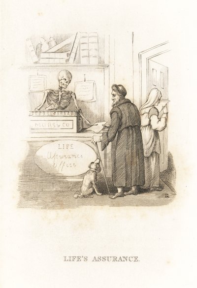 Das Skelett des Todes im Versicherungsbüro (1827, Gravur) von Richard Dagley