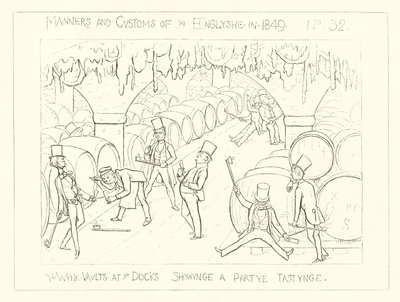 1849, Die Weinkeller an den Docks, die eine Verkostungsparty zeigen von Richard Doyle