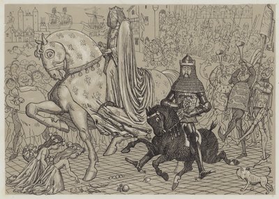 Edward der Schwarze Prinz, mit seinem Gefangenen König Johann von Frankreich, zieht in London ein (Aquatinta) von Richard Doyle