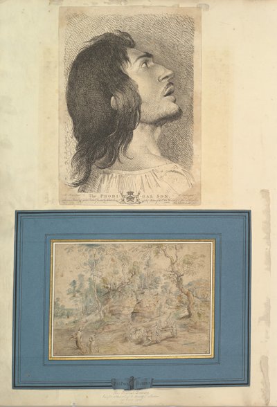 Blatt aus Aedes Walpolianae mit einem Druck und einer Zeichnung montiert: Kopf im Profil..., 1620-1766 von Richard Earlom