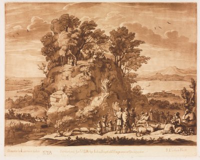 Liber Veritatis: Nr. 138, Ein Blick auf das Meer mit Christus, der auf dem Berg predigt (das Wasser unten könnte wahrscheinlich für das Meer von Tiberius stehen) von Richard Earlom