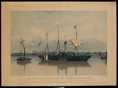 Diese Platte, von einem Originalgemälde von Ward, des Victoria-Dampfschiffs, von 1200 Tonnen Last und 400 Pferdestärken... gestartet am 20. Juni 1837... von Richard G. Reeve