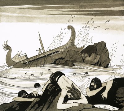 Eine römische Galeere bringt St. Paul nach Rom und zerschellt an den Felsen vor Malta von Richard Hook