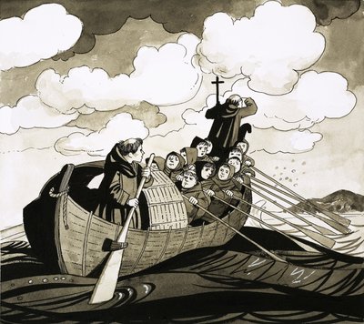 Unidentifizierte Gruppe von Mönchen rudert zu einer Insel von Richard Hook