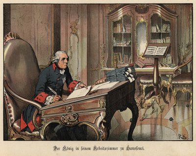 König Friedrich der Große von Preußen in seinem Arbeitszimmer in Sanssouci von Richard Knoetel