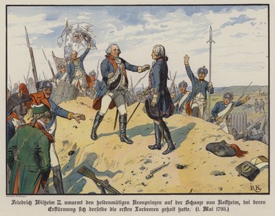 König Friedrich Wilhelm II. von Preußen umarmt seinen heldenhaften Sohn, Kronprinz Friedrich Wilhelm, auf dem Hügel von Kostheim von Richard Knotel