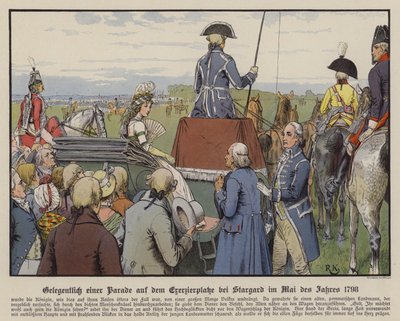 Königin Louise von Preußen bei einer Parade auf dem Paradeplatz in Stargard, Mai 1798 (Farblithografie) von Richard Knotel