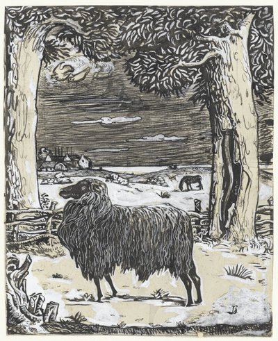 Schaf in einer Landschaft mit zwei Bäumen von Richard Nicolaüs Roland Holst
