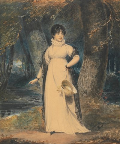 Landschaft mit Porträt einer Dame, Ganzfigur, einen Hut haltend von Richard Westall