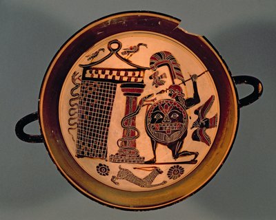 Lakonsche schwarzfigurige Tasse, die einen Krieger zeigt, der eine Schlange angreift, 6. Jahrhundert v. Chr. von Rider Painter