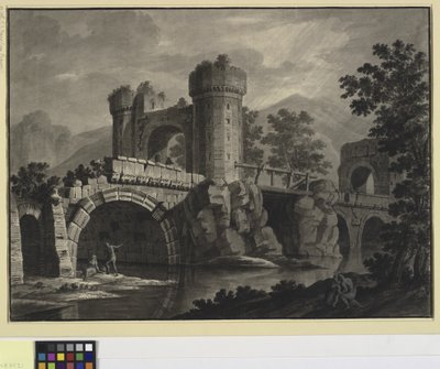 Architektonische Fantasie einer zerstörten Brücke in einer Landschaft von Robert Adam