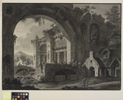 Architektonische Fantasie mit Ruinen eines antiken Bades und Hütten von Robert Adam