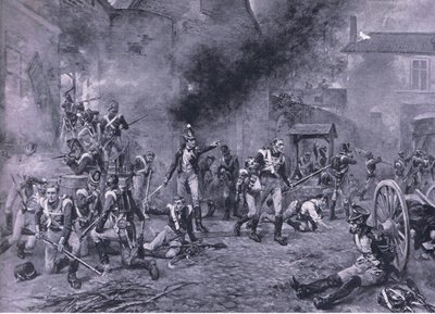Die Verteidigung von Hougoumont am 18. Juni 1815, Illustration aus Britische Schlachten zu Land und zu Wasser, 1915 von Robert Alexander Hillingford