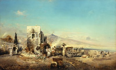 Ein neapolitanisches Dorf mit dem Vesuv in der Ferne, 1889 von Robert Alott