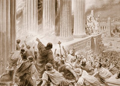 Die Verbrennung der Bibliothek von Alexandria im Jahr 391 n. Chr., Illustration aus 