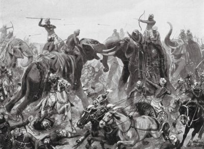 Die Niederlage von Pulikesin II Chalukhya durch Mahamalla Pallava in Badami, 642 n. Chr. (Lithografie) von Robert Ambrose Dudley