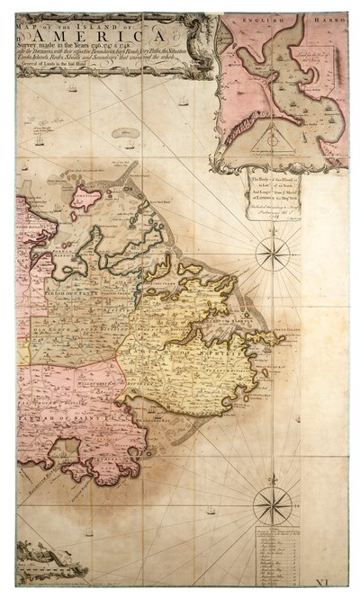 Eine neue und genaue Karte der Insel Antigua in Amerika, nach einer Vermessung in den Jahren 1746-1748, ca. 1749 von Robert Baker