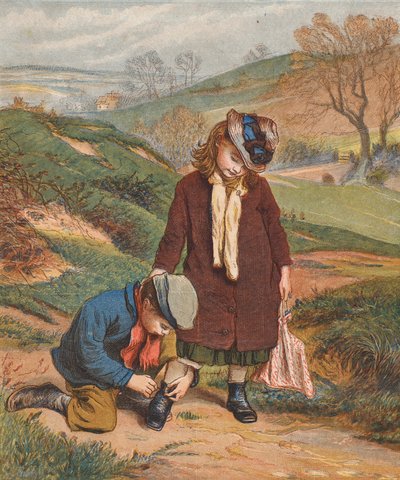 Ein Freund in der Not, ein Junge bindet einem Mädchen die Schuhe zu von Robert Barnes