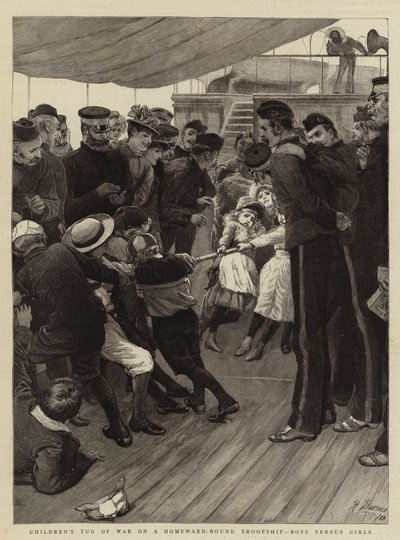 Kinder-Tauziehen auf einem heimkehrenden Truppenschiff, Jungen gegen Mädchen von Robert Barnes