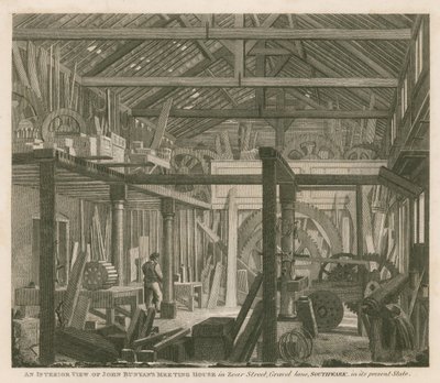 Innenansicht des Versammlungshauses von John Bunyan in der Zoar Street, Gravel Lane, Southwark, im heutigen Zustand von Robert Blemell Schnebbelie