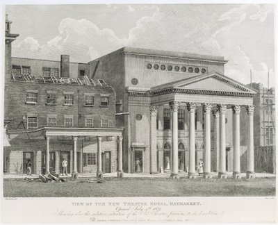 Ansicht des neuen Theatre Royal, Haymarket, eröffnet am 4. Juli 1821, zeigt auch die relative Lage des alten Theaters vor seinem Abriss, graviert von Dale von Robert Blemell Schnebbelie