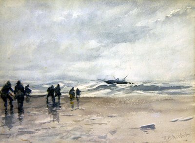 Fischer ziehen ein beschädigtes Fischerboot ein von Robert Buchan Nisbet