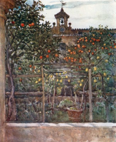 Studie von Orangen- und Zitronenbäumen in einem alten Klostergarten (Farblithografie) von Robert Charles Goff