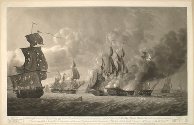 Diese Ansicht der Aktion am St. Georgstag 1794, zwischen einem Detachement von Seiner Majestät Fregatten, unter dem Kommando von Sir John Borlase Warren Baronet und vier französischen Fregatten von Robert Dodd