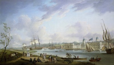 Ansicht von Greenwich, Beschreibung der Themse und der Aktivitäten an ihren Ufern sowie der Flussnavigation, abhängig von der Bedeutung der Gezeiten. Öl auf Leinwand von Robert Dodd