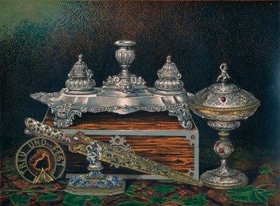 Tintenfass, Briefbeschwerer, Jagdmesser oder Dolch, Gedeckte Tazza, Briefbeschwerer, 1863 von Robert Dudley