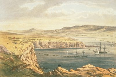 Blick auf Port Magee, Valentia, von den Höhen von Cora Beg, HMS Caroline legt das Uferende des Kabels, 22. Juli von Robert Dudley
