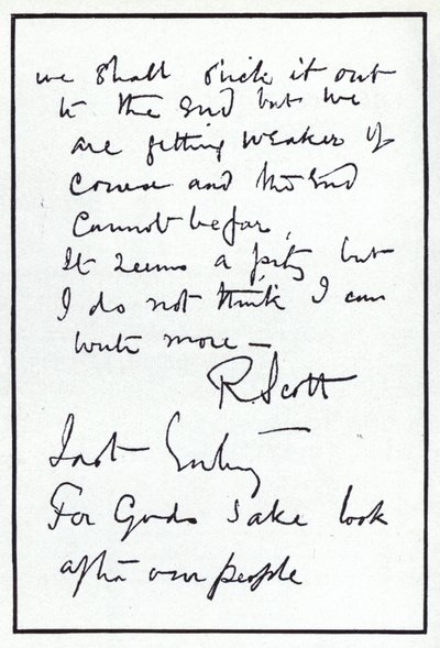 Letzte Seite des Tagebuchs des Polarforschers Robert Falcon Scott, Leiter der unglückseligen britischen Expedition zum Südpol, 29. März 1912 von Robert Falcon Scott
