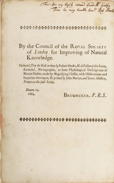 Signierte Seite aus "Micrographia: or Some Physiological Descriptions of Minute Bodies Made by Magnifying Glasses", 1665 von Robert Hooke