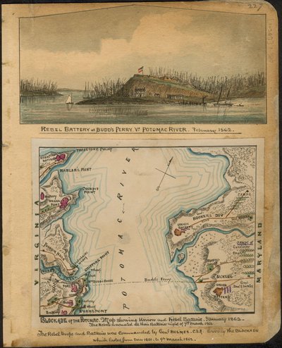 Blockade des Potomac. Karte der Union- und Rebellenbatterien Januar 1862 von Robert Knox Sneden