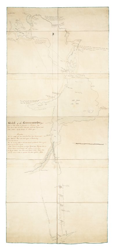 Skizze der Kommunikation von York am Ontariosee nach Glouscester [sic] oder Machidash Bay Lake Huron, aufgenommen von Leutnant Pilkington der königlichen Ingenieure und Alex.r Aitken stellvertretender Vermesser im Oktober 1793 von Robert Pilkington
