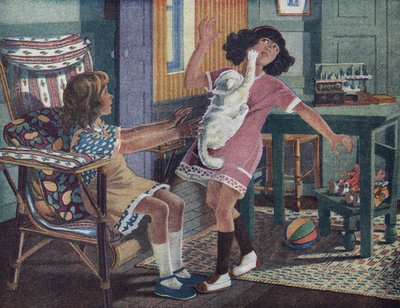 Annettes kleines Kätzchen: Eine weiße Katze kratzt das Gesicht eines kleinen Mädchens, das mit ihrer Freundin spielt. Illustration von Robert Salles (1871-1929) in „Ich kann lesen“. von Robert Salles