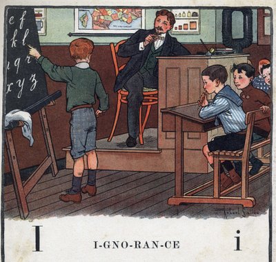 Kinderbuch „Ich werde lesen - Methodisches und lustiges Alphabet von einem Vater“, 1926. Illustration von Robert Salles (1871-1929). Abecedarium: Buchstabe I wie Ignoranz. Ein Junge rezitiert das Alphabet an der Tafel. von Robert Salles