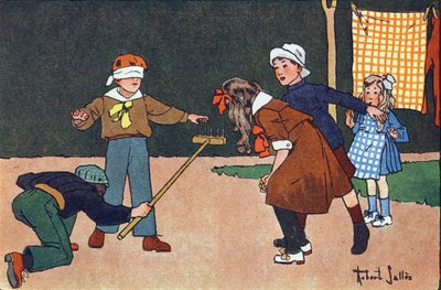 Colin Maillard. Gravur in „Was spielen wir?“ von E. Weber mit Aquarellzeichnungen von Robert Salles (1871-1929). Librairie Garnier Freres, Paris von Robert Salles