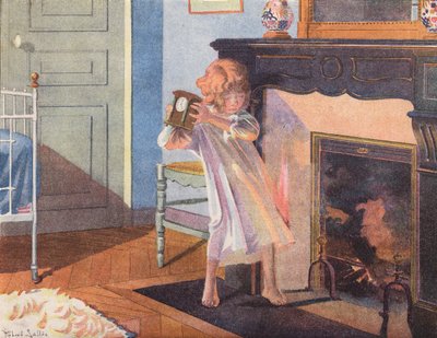 Kleines Mädchen mit einer Uhr am Kamin von Robert Salles
