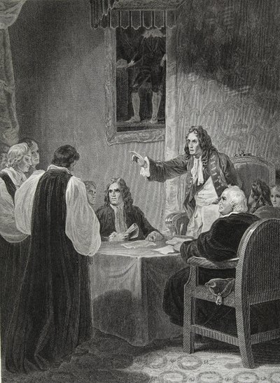Die Bischöfe vor dem Geheimen Rat, 1688, graviert von George Noble, Illustration aus David Humes 