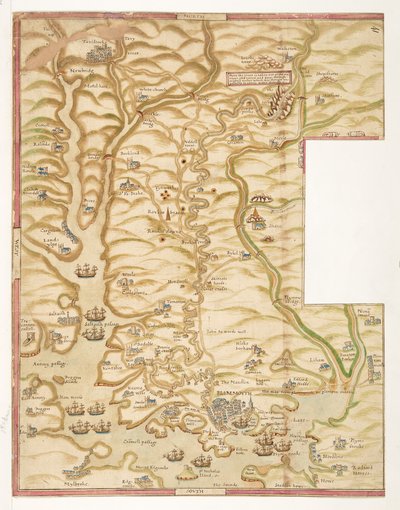 Eine farbige Karte des Plymouth Harbour und des Landes bis nach Tavistock; möglicherweise gezeichnet von Robert Spry von Robert Spry