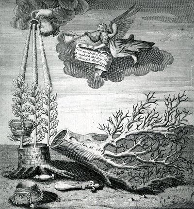 Emblematischer Druck zur Hinrichtung von Charles I und der Stuart-Nachfolge, 1715 von Robert Vaughan