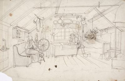 Interieur mit drei Personen: eine im Bett Kaffee trinkend, eine am Tisch Brei essend und eine bei der Spinnerei. von Robert Wilhelm Ekman
