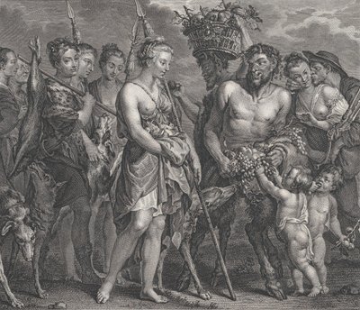 Diana kehrt von der Jagd zurück, begleitet von Hunden und ihren Nymphen links, zwei Satyrn, ca. 1808 von Robert de Launay