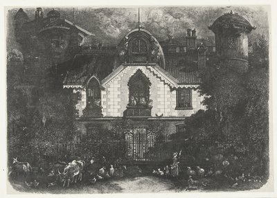 Haus mit Turm hinter einem Zaun und Hirtin mit Vieh von Rodolphe Bresdin