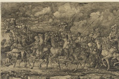 Hunnenkönig mit seinen Frauen, umgeben von Dienern und Vieh, durch eine Landschaft reitend von Rodolphe Bresdin