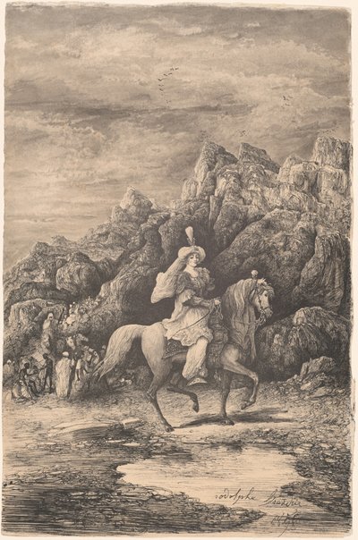 Orientalische Reiterin in einer öden Berglandschaft von Rodolphe Bresdin