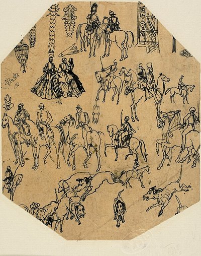 Blatt mit Skizzen: Hunde, Reiter, Damen. Architektonische Elemente, Insekten von Rodolphe Bresdin