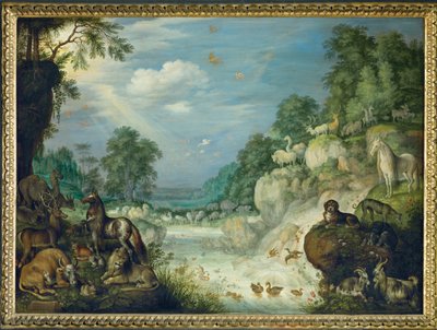 Paradies, im Hintergrund der Sündenfall von Roelandt Jacobsz. Savery